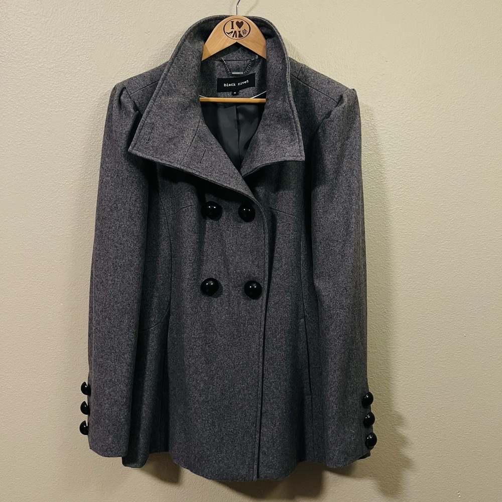Black Rivet Gray Wool Blend Coat Double Breasted Professional Office Women's‎ XL